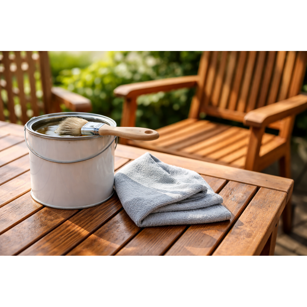 Pflege von Terrassenmöbeln aus Holz mit Öl und Tuch im Außenbereich